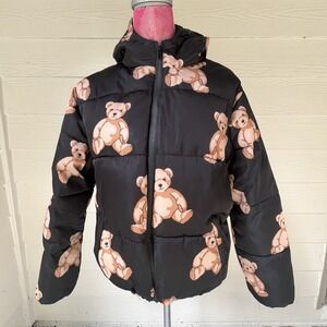 Forever 21 Black with Printed Teddy Bears Puffer Coat Womens S